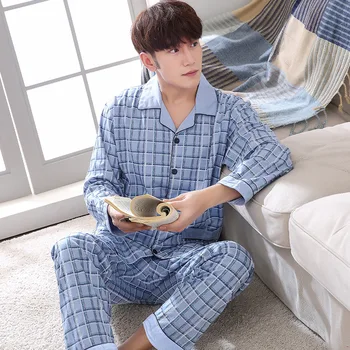 Мъжки памучен пижама с класически дизайн, с дълъг ръкав, райе принт, Ежедневни домашни дрехи големи размери, мъжки пижами