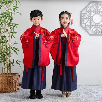 Древен китайски традиционен нов комплект дрехи за малките момичета и момчета с дълъг ръкав за народни танци Hanfu, рокля за изпълнения с принтом мастило